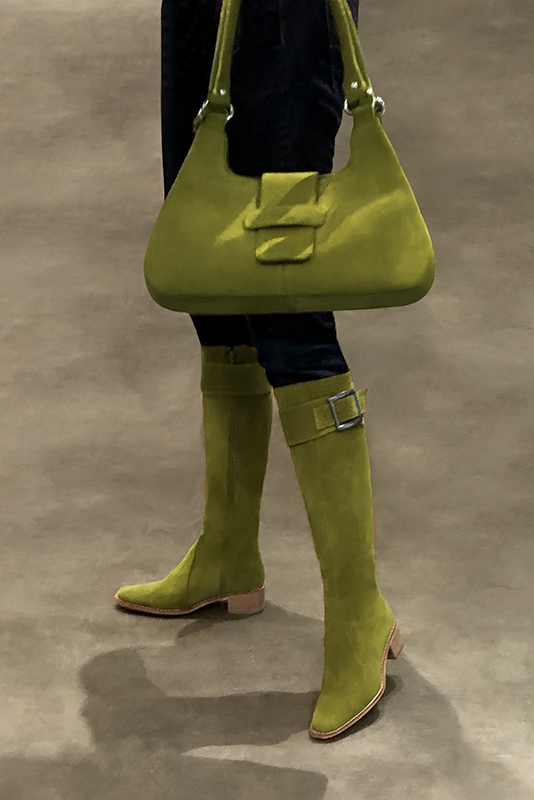 Pistachio green women's calf bracelets, to wear over boots. Worn view - Florence KOOIJMAN